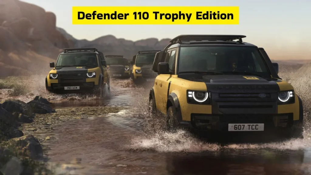 Land Rover Defender 110 Trophy Edition 2025 front view in Sandglow Yellow color