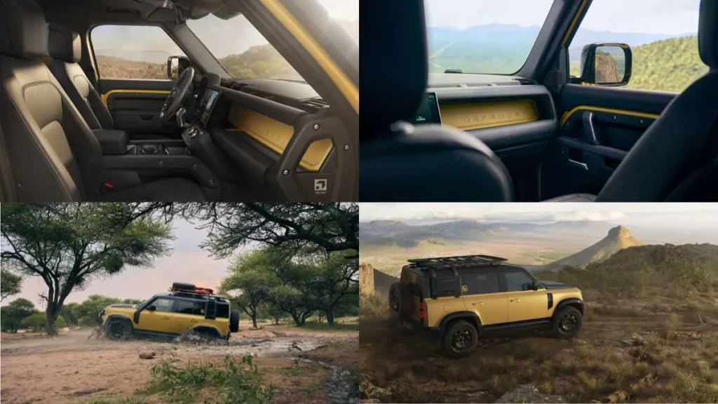 Land Rover Defender 110 Trophy Edition 2025 front view in Sandglow Yellow color